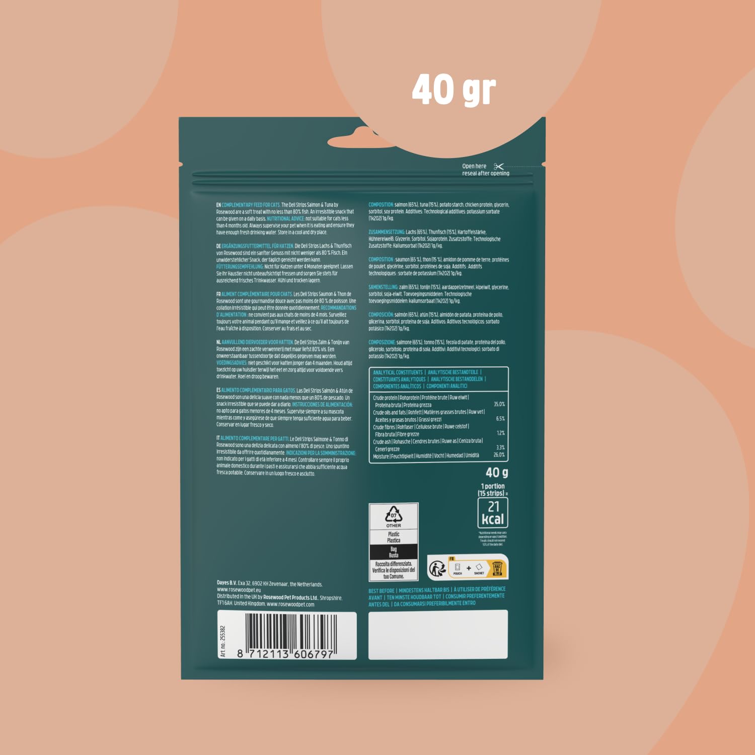 Rosewood Deli Strips Lachs & Thunfisch – Weicher und zarter Katzensnack mit Lachs und Thunfisch, fettarme Leckerlis für Katzen, ohne Zusatz von Salz oder Zucker, ohne künstliche Zusatzstoffe, 40 g