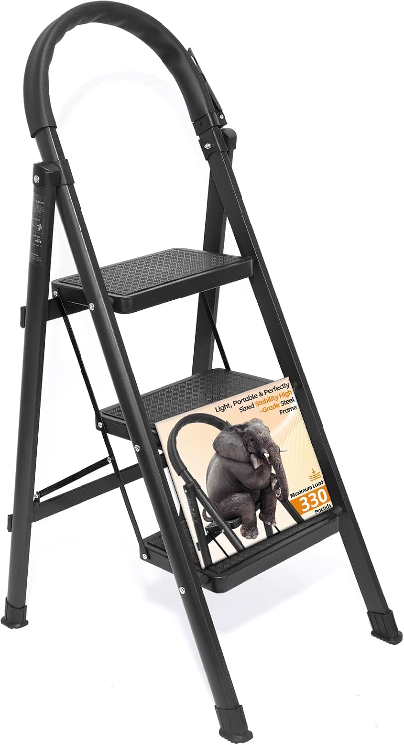 3 Step Ladder, Folding Step Stool with Wide Anti-Slip Pedal, Sturdy Step Ladder Foldable, Lightweight Portable Steel Step Stool for Kitchen, Home (Dark Grey, 3-Step)