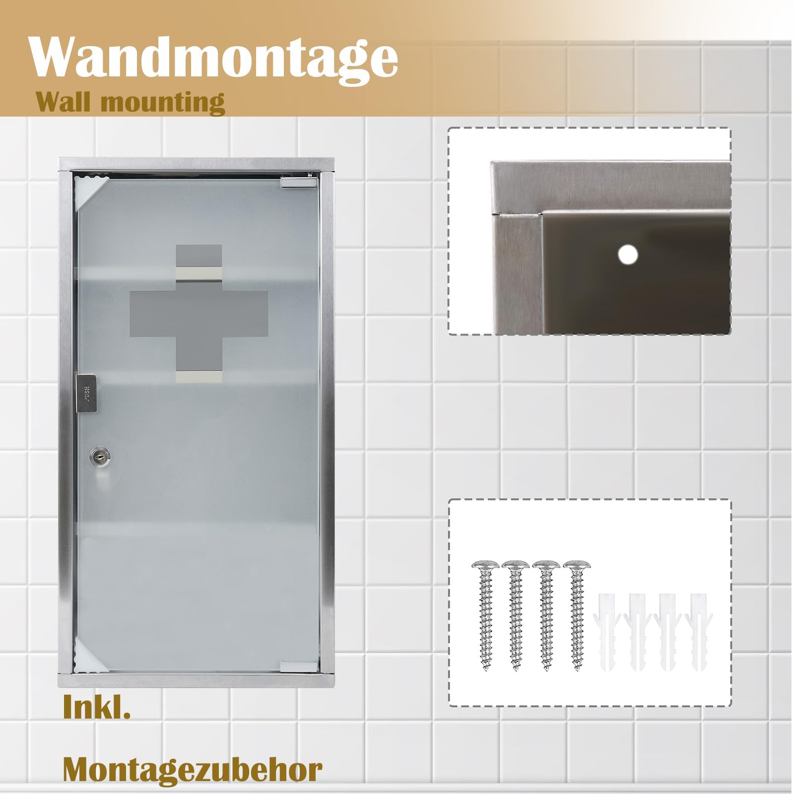 LZQ Armoire à pharmacie verrouillable en acier inoxydable à 4 compartiments avec porte en verre et 2 clés (L 30 x l 12 x H 57,5 cm)