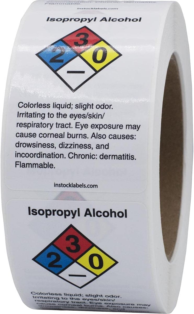 Isopropyl Alcohol Chemical NFPA Labels, 2 x 3 Inch Rectangles, 500 Total Labels per Roll