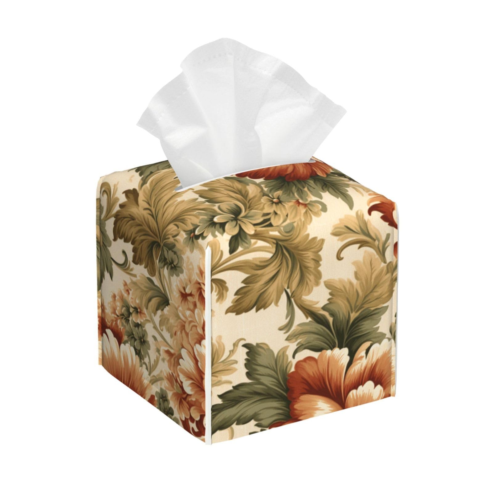 Flowers and Acanthus Leaves Vintage Tissue Box Cover Square Pu Leather Waterproof Tissue Box Holder for Car Bathroom Bedroom Office Tabletop Decor