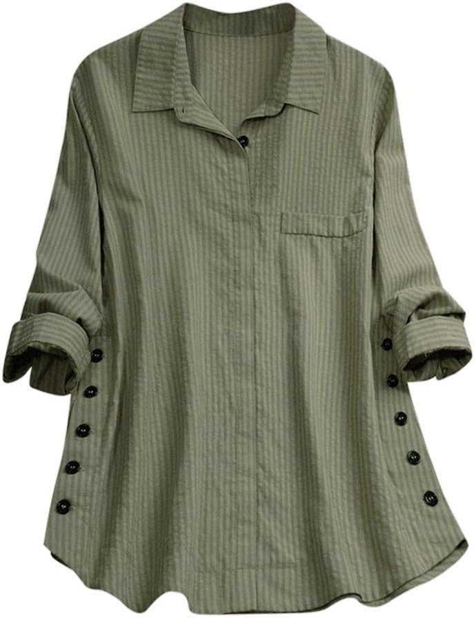 Women Casual Loose Pocket Linen Plus Size Stripe Button Long Shirt Blouse Tops Button Down Loose Comfy Tunic