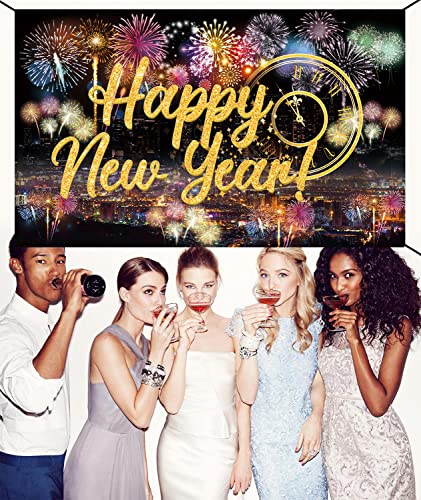 Famoby Happy New Year Fabric Sign Poster Backdrop With Fireworks For New Year Photo Booth Background Party Decoration thumb #5