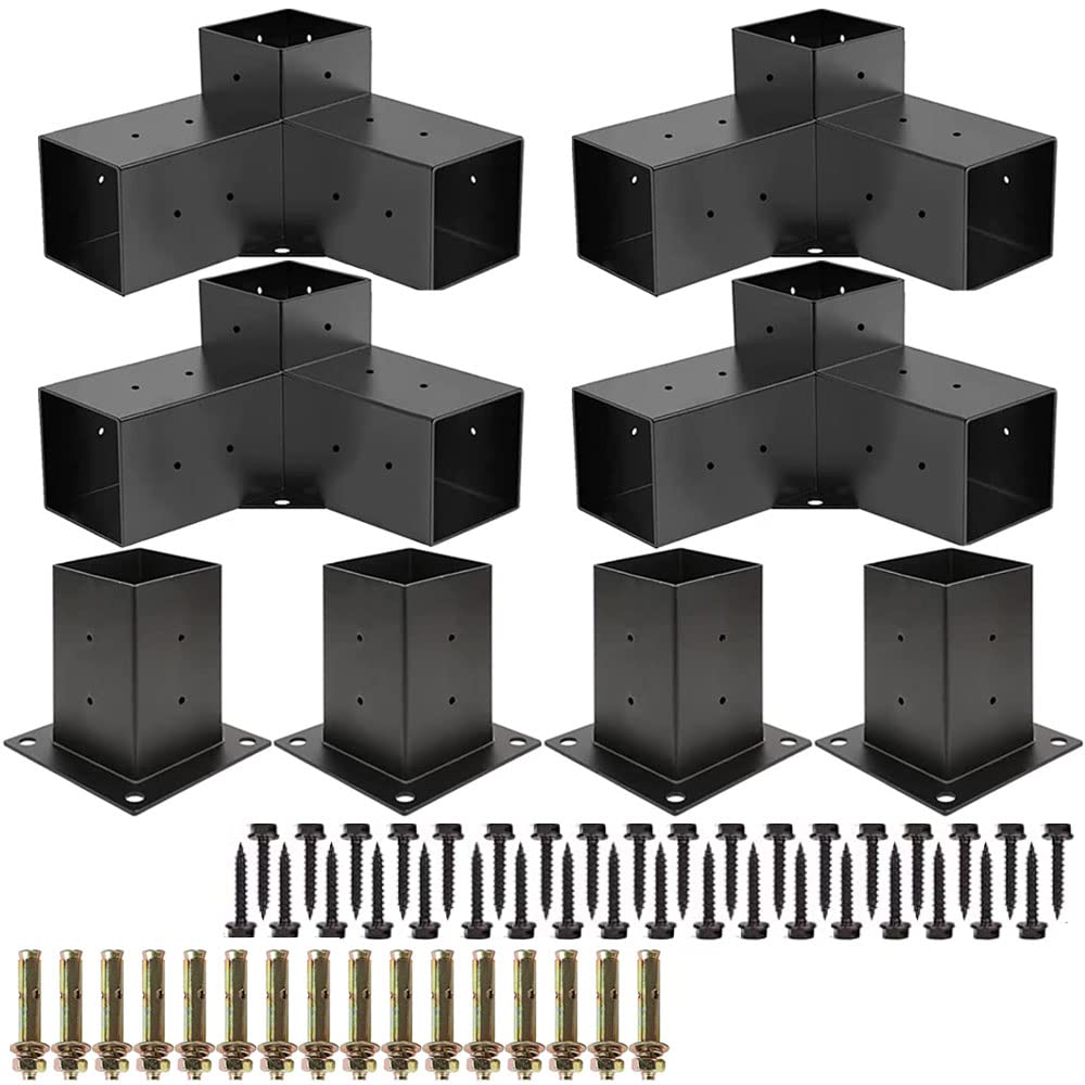 TSMST4"x4" Pergola Kit Right Angle Woodworks Pergola Brackets Kit, 2 Pack 4-Way Elevated Wood Stand Kit with 2 Pack Pergola Post Base for 4x4 Lumber, DIY Outdoor Pergola Hardware Kit