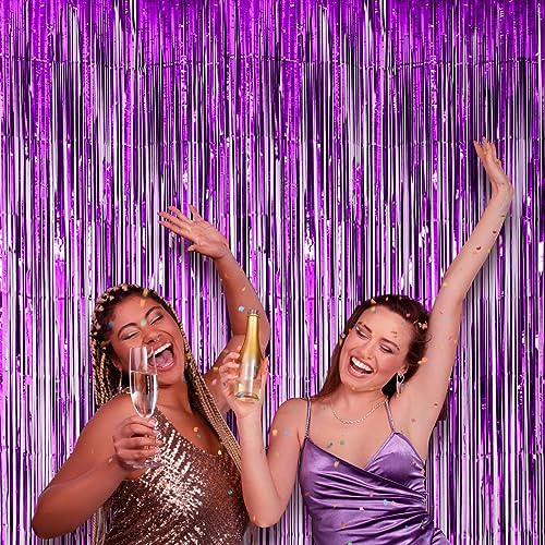 Image of Voircoloria 2 Pack Purple Foil Fringe Backdrop Curtains, Tinsel Streamers Birthday Party Decorations, Fringe Backdrop for Graduation, Baby Shower, Gender Reveal, Disco Party