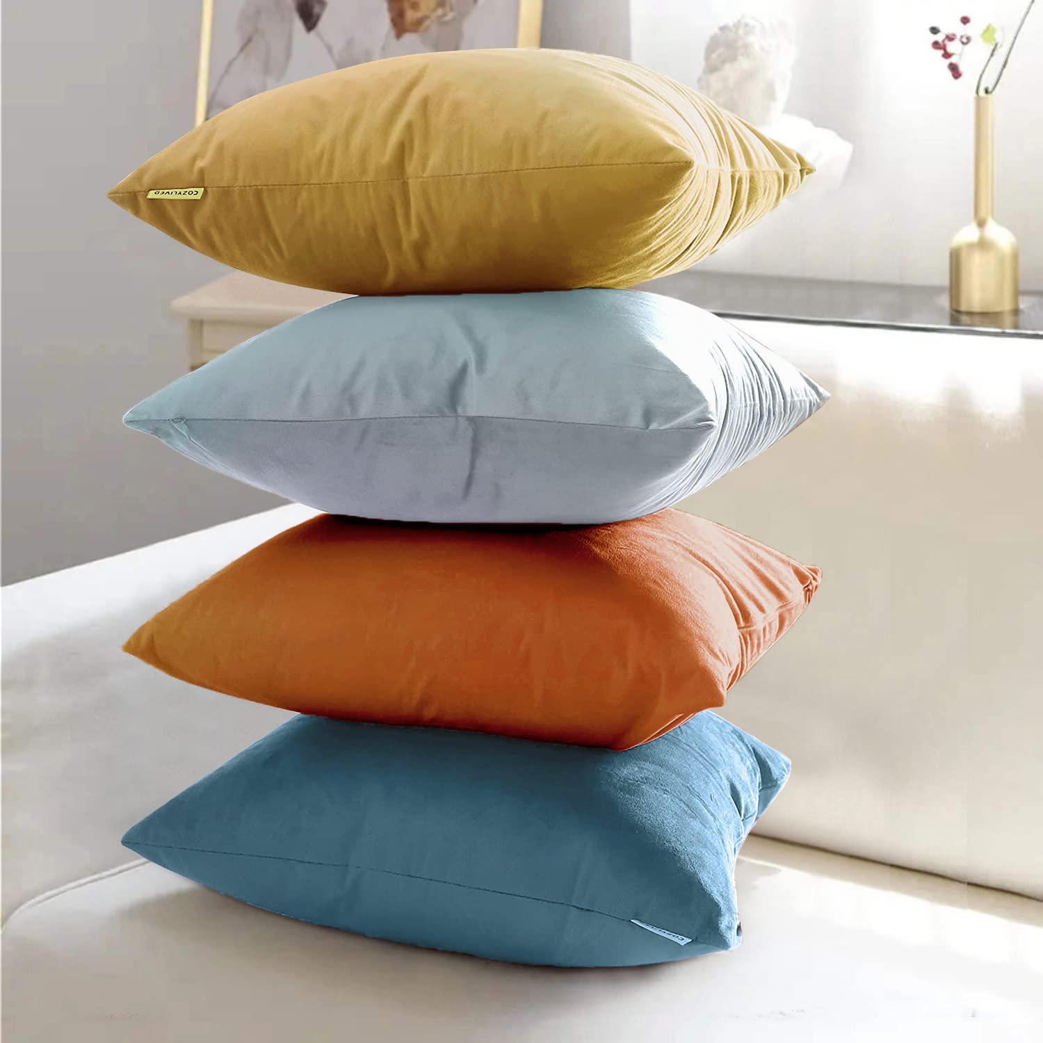 MEKAJUS Throw Pillow Covers 18x18 Set of 4 Decorative Pillow Covers Soft Velvet Pillow Covers Couch Pillows for Living Room Sofa Car Home Decor (Orange/Blue)