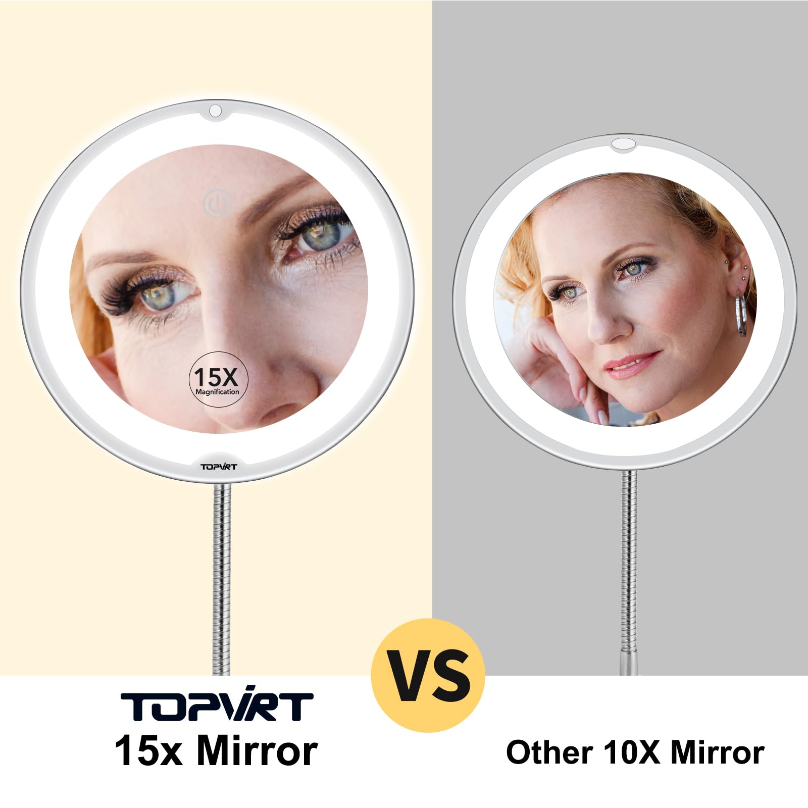 Espejo de succión flexible de 15 aumentos, espejo de tocador LED regulable, ventosa de potencia, portátil para el baño del hogar, ideal para maquillaje detallado, sombra de ojos delineador de