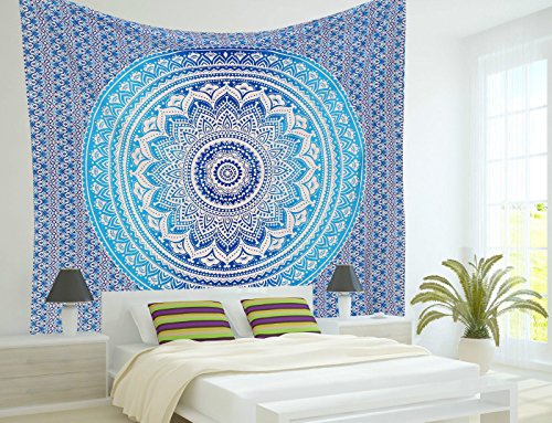 THE ART BOX Tapiz Tapiz de Pared Azul Tapices de Pared Mandala Tapices de Pared Algodón Indio Colcha Doble Sábana de Picnic Decoración de la Pared Manta Arte de la Pared Hippie Tapiz Indio