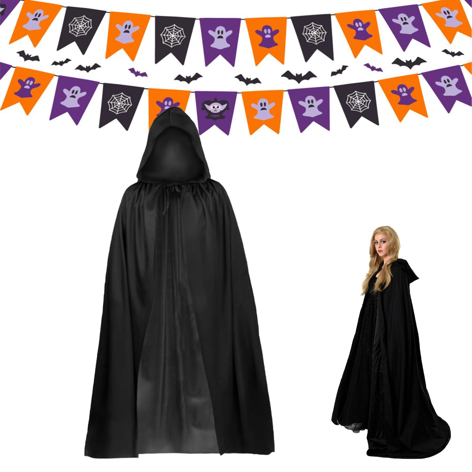 SEMINISMAR Halloween Black Hooded Cloak,Halloween Costumes,140CM BlackCloak Ghostface Costume BlackCape,Vampire Cape Witch Cloak,Witch Vampires Devil Costume Cosplay Fancy Dress Party