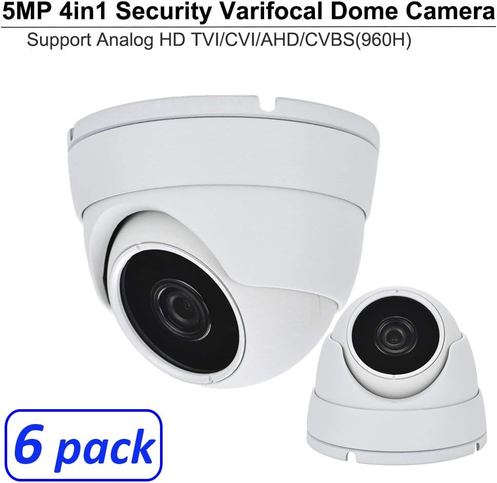 101AV 5 Megapixel 4in1 TVI/AHD/CVI/CVBS(960H) 2.8-12mm Lens Security Surveillance Dome Camera DWDR IR Cut OSD menu for Indoor Outdoor CCTV Home Office (White) (6 Pack)