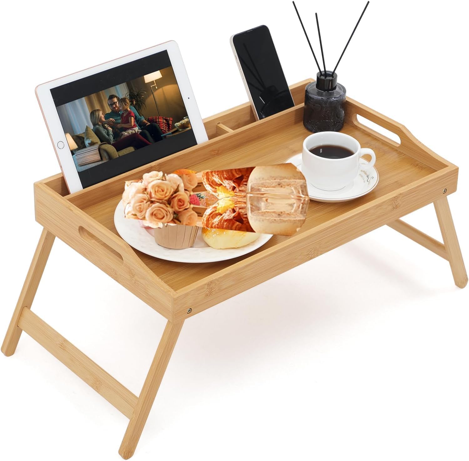 Vivaas Natural Bamboo Bed Tray Table With Foldable Legs Breakfast Tray For Sofa, Bed, Eating, Working Snack Tray Laptop Stand Multipurpose Lap Tray With Media Slot Food Tray With Carrying Handles (Natural)