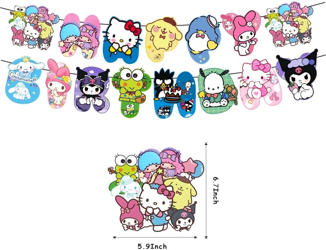 Kawaii and Friends Birthday Decorations,Kawaii and Friends Party Supplies Include Happy Birthday Banner, Cake Topper and Cupcake Toppers, Balloons for Kids Party Decor image 3