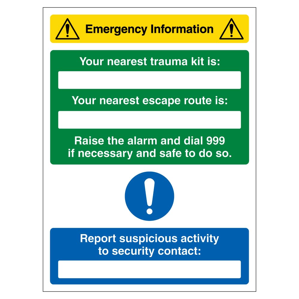 V Safety Emergency Information - Nearest Trauma Kit/Escape Route Is 300 x 400mm - 1mm Rigid Plastic Safety Sign