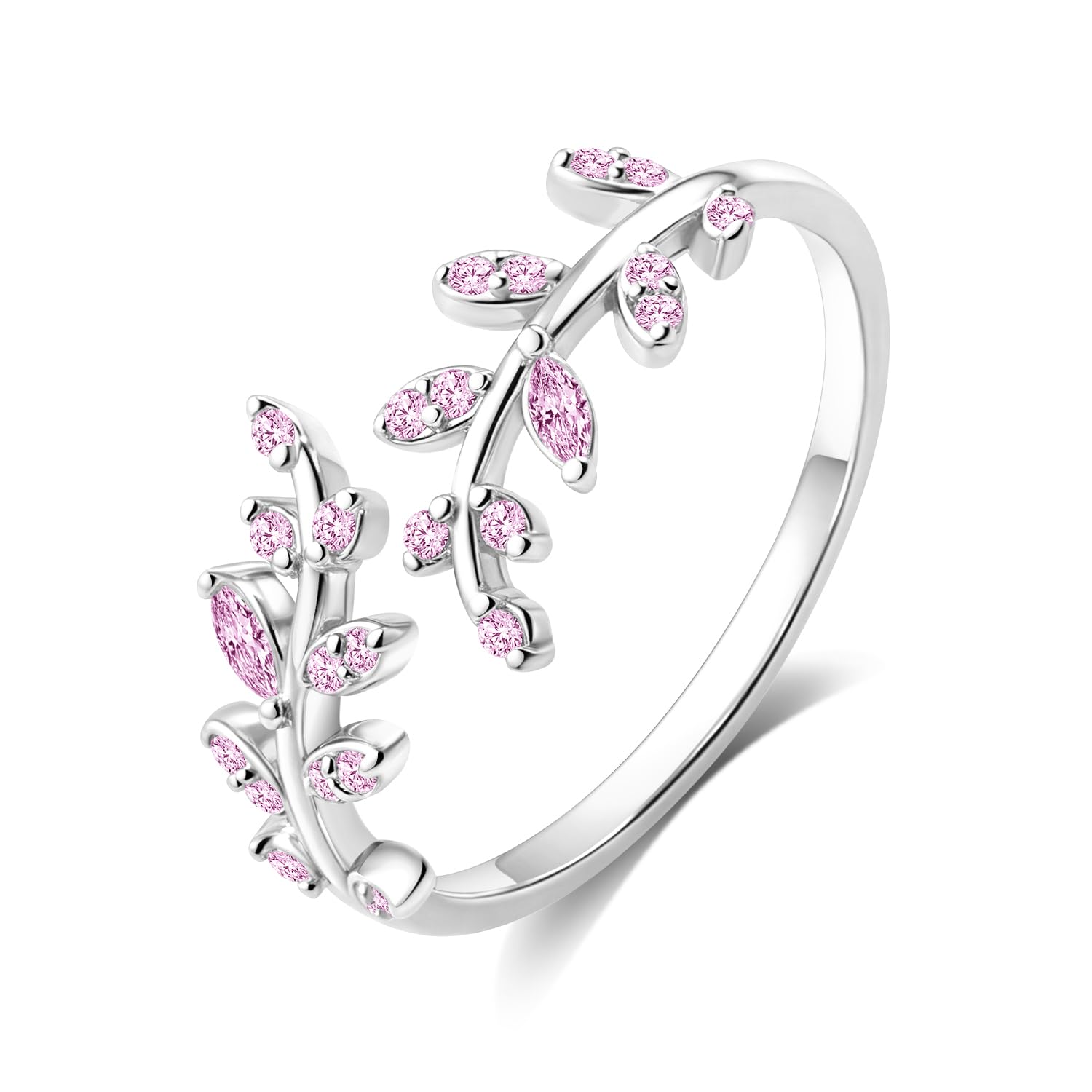 HNMZZPL Adjustable S925 Sterling Silver Ring for Women,Branch Leaves Band Stacking Finger Ring,Paved Cubic Zirconia Stone Stackable Open Ring
