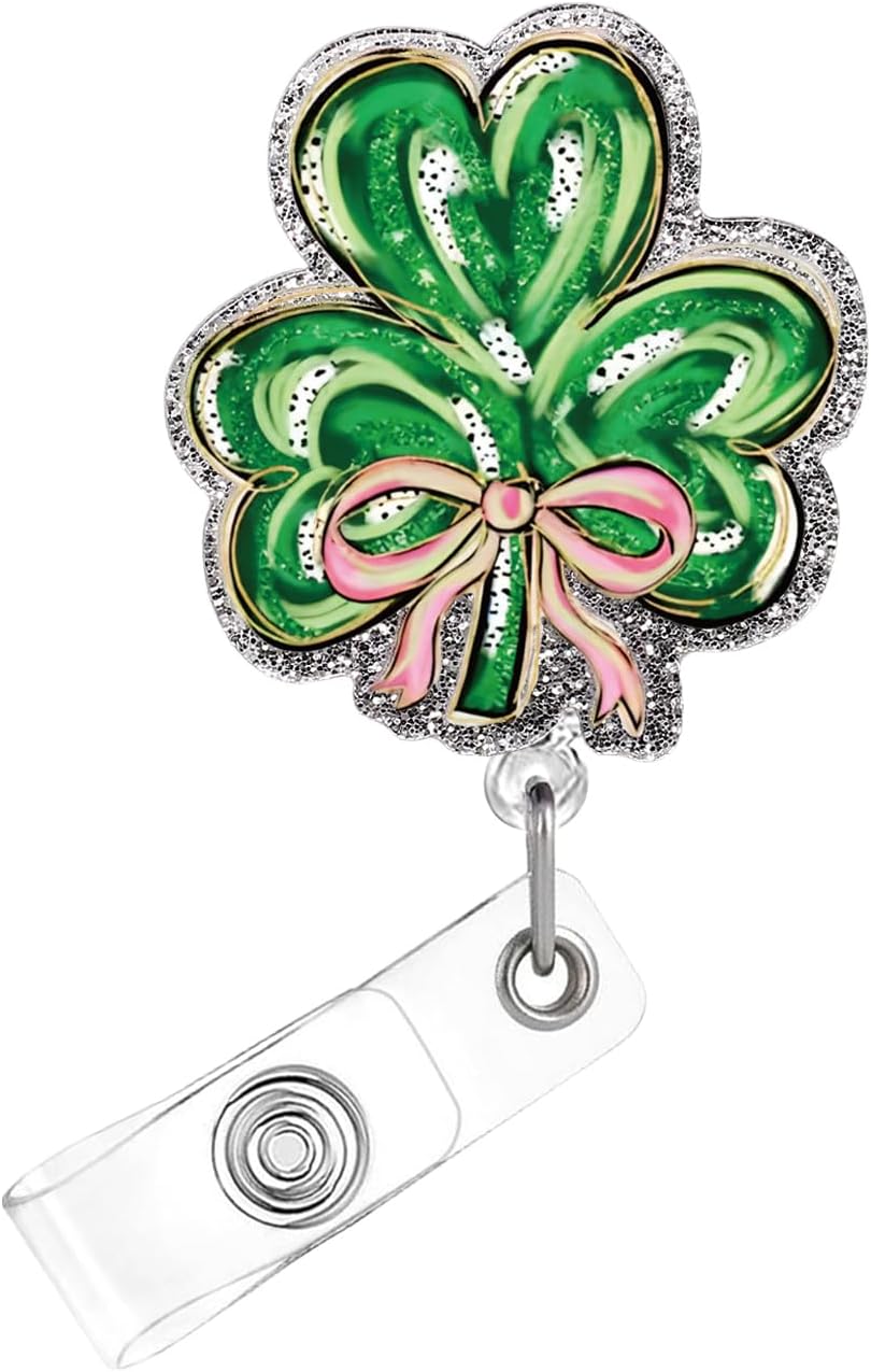 St. Patrick's Day Badge Reel,Funny Shamrock Acrylic Badge for ID Card Badge,Cute Bow Telescoping Retractable Badge Holder Alligator Clip Accessories for Nurse,Medical Worker,Nursing Student,Teacher