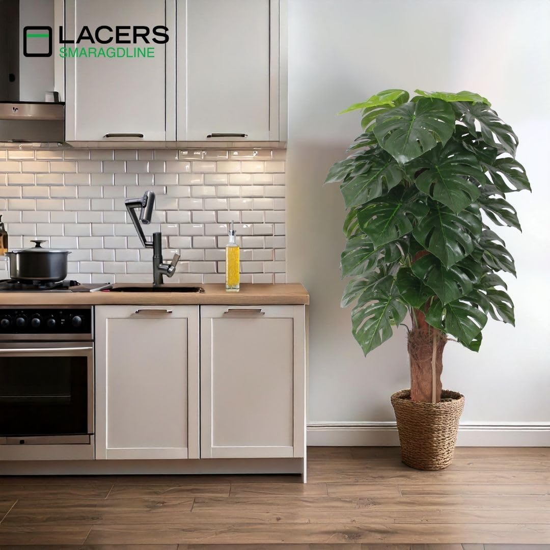 Lacers SMARAGDLINE pflegeleichte künstliche Monstera im Topf – Fensterblatt 120cm, realistische Optik, Dekoration für Wohnzimmer, Balkon und Büroräume-pflegeleicht, langanhaltend ohne spezielle Pflege