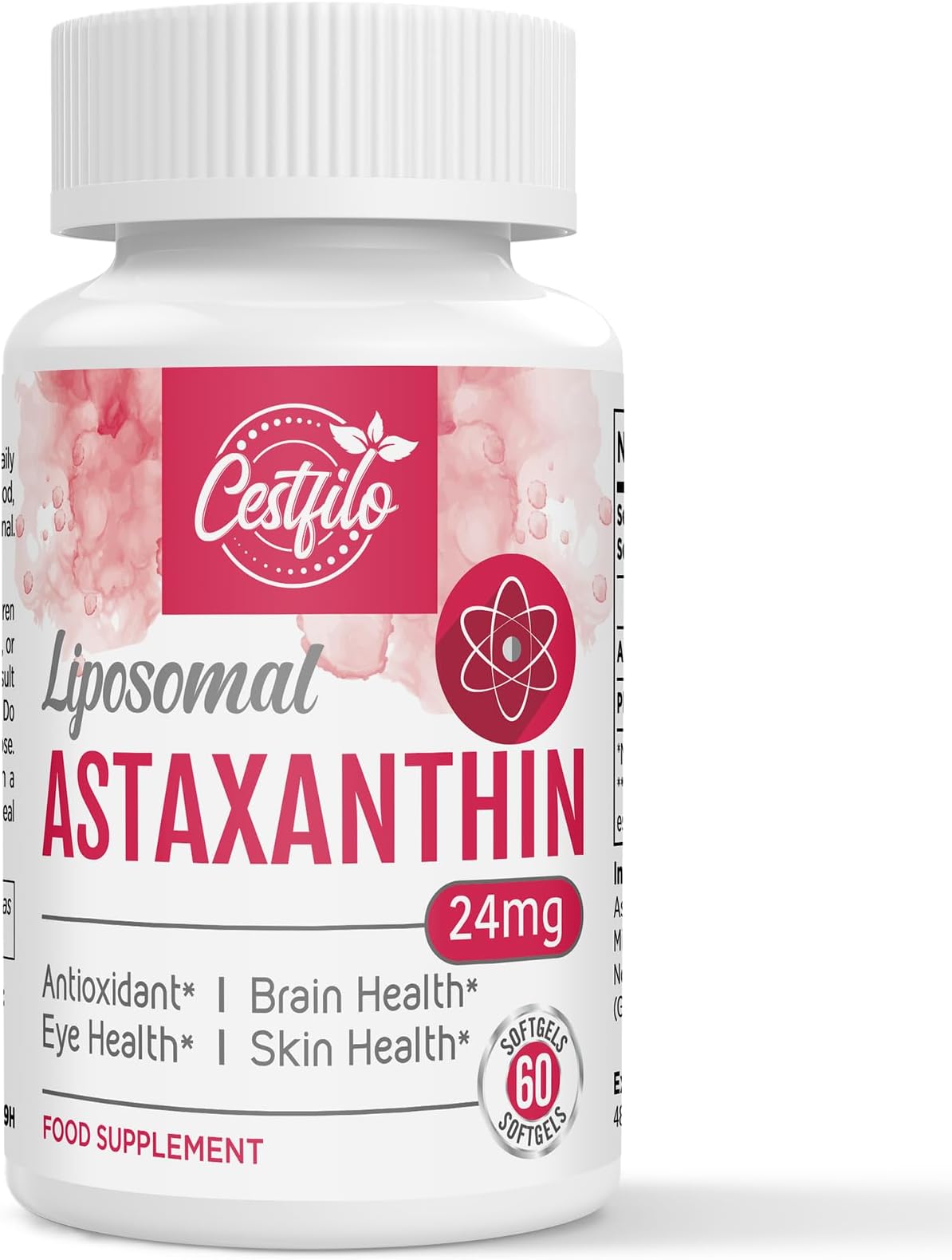 Liposomal Astaxanthin Supplement 24MG, Maximum Absorption, Natural Antioxidant for Skin & Eye Health, Gluten Free, Non-GMO & No Gluten (60 Count (Pack of 1))