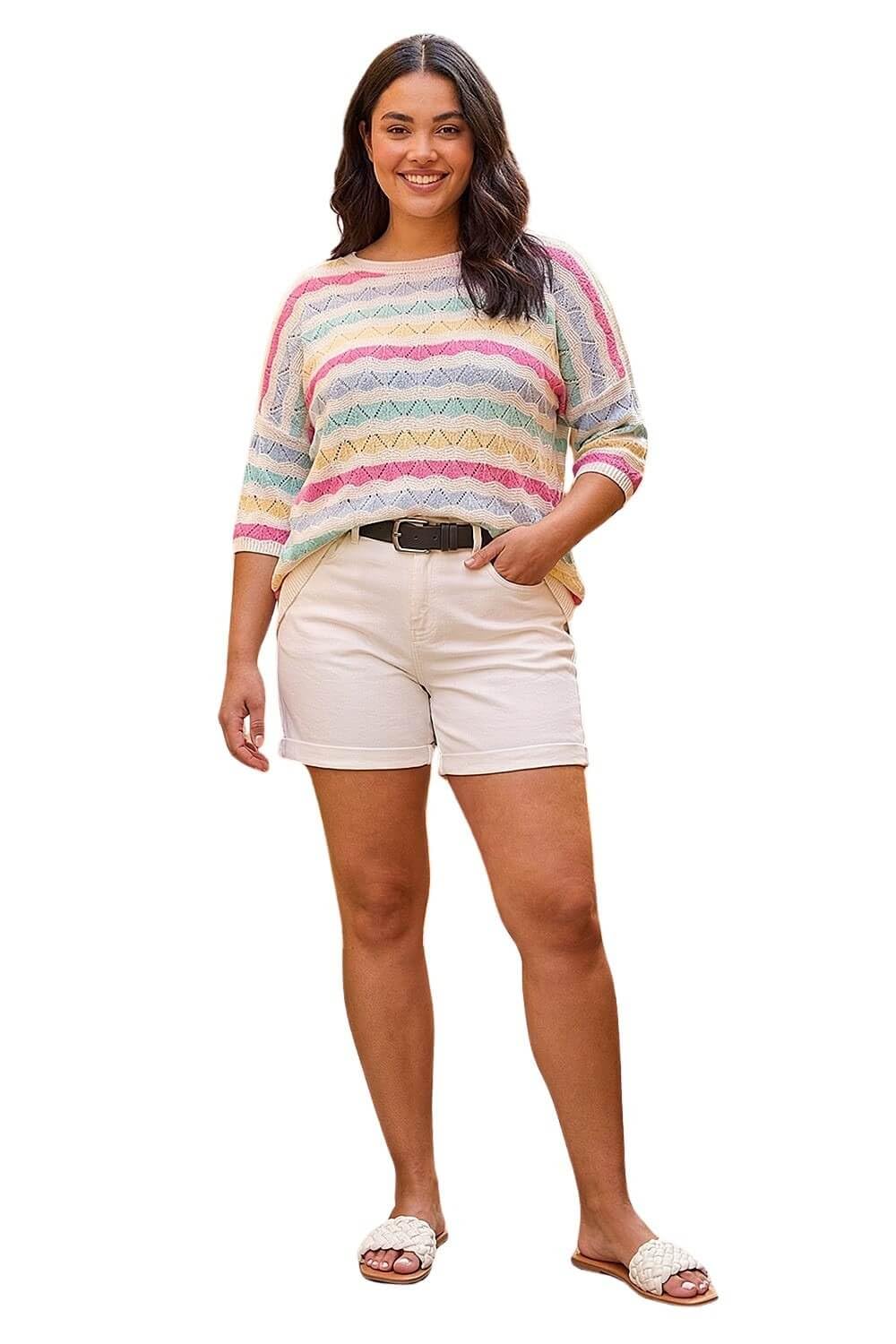 Roman Originals Women's Plus Wave Light Blue Roman Curve Crochet Stripe Knit Top For Uk - Everyday Holiday Spring Summer Round Neckline Comfy Soft Evening Vacation Work Party - Size 20