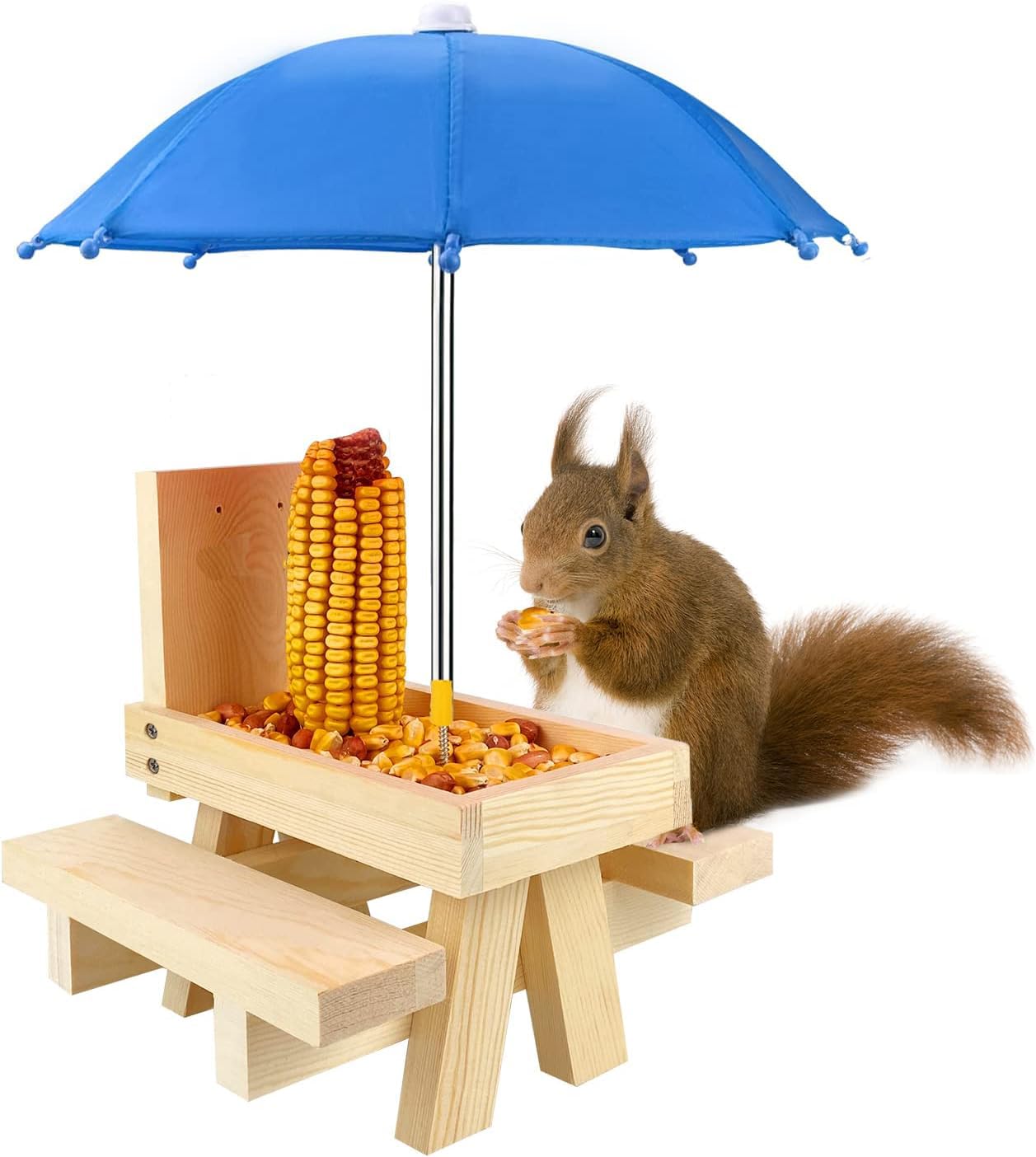 Wooden Squirrel Feeder Table with Umbrella, Squirrel Picnic Table for Outside, Brown Squirrel Feeder with Corn Cob Holder Cute Chipmunk Feeder (Blue Umbrella)
