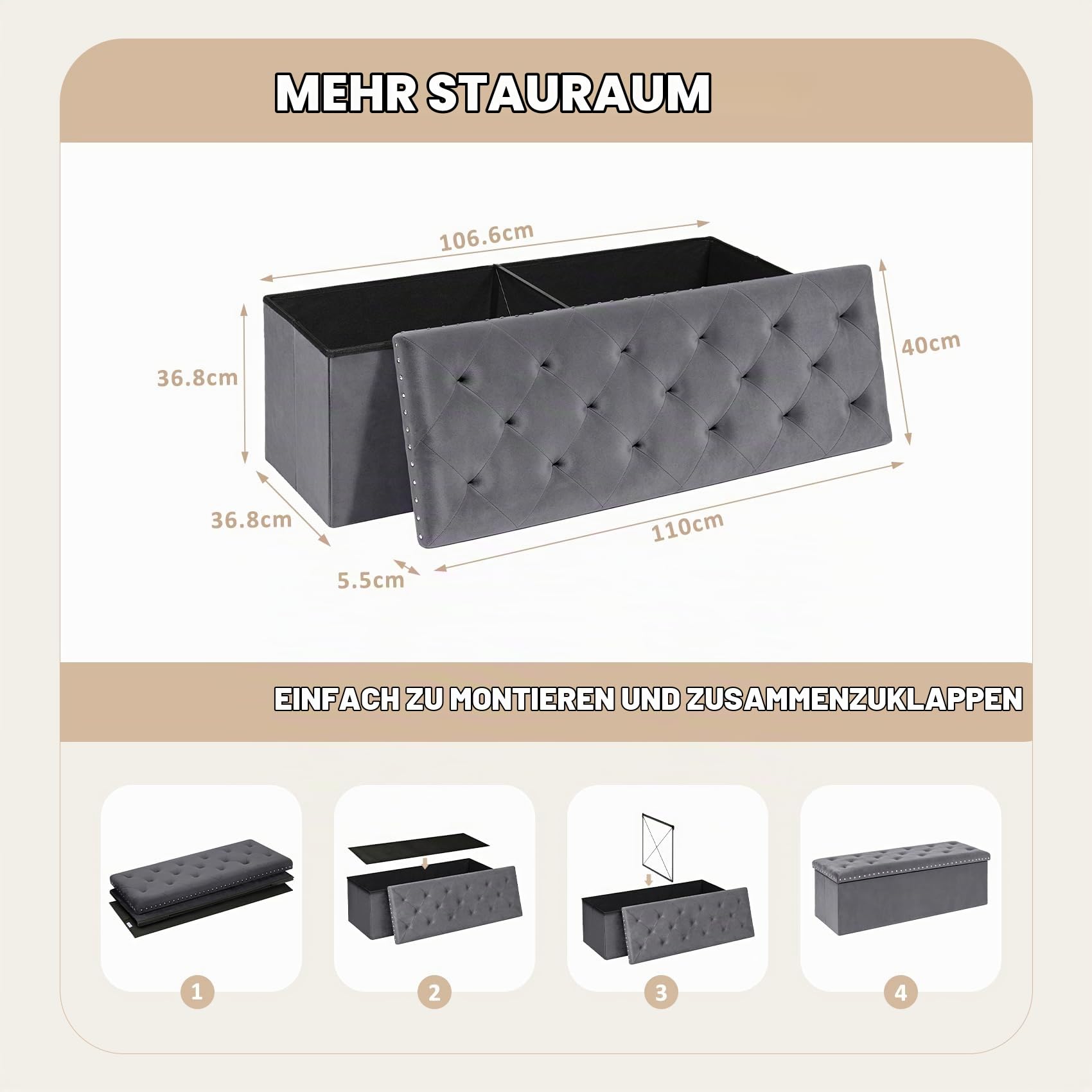 PINPLUS Klappbare Sitzbank mit Stauraum, Samt, 110x40x40 cm, Grau | Bettbank mit dickem Deckel, Truhenbank & Fußbank, große Aufbewahrung, platzsparend, für Wohnzimmer, Schlafzimmer, Diele