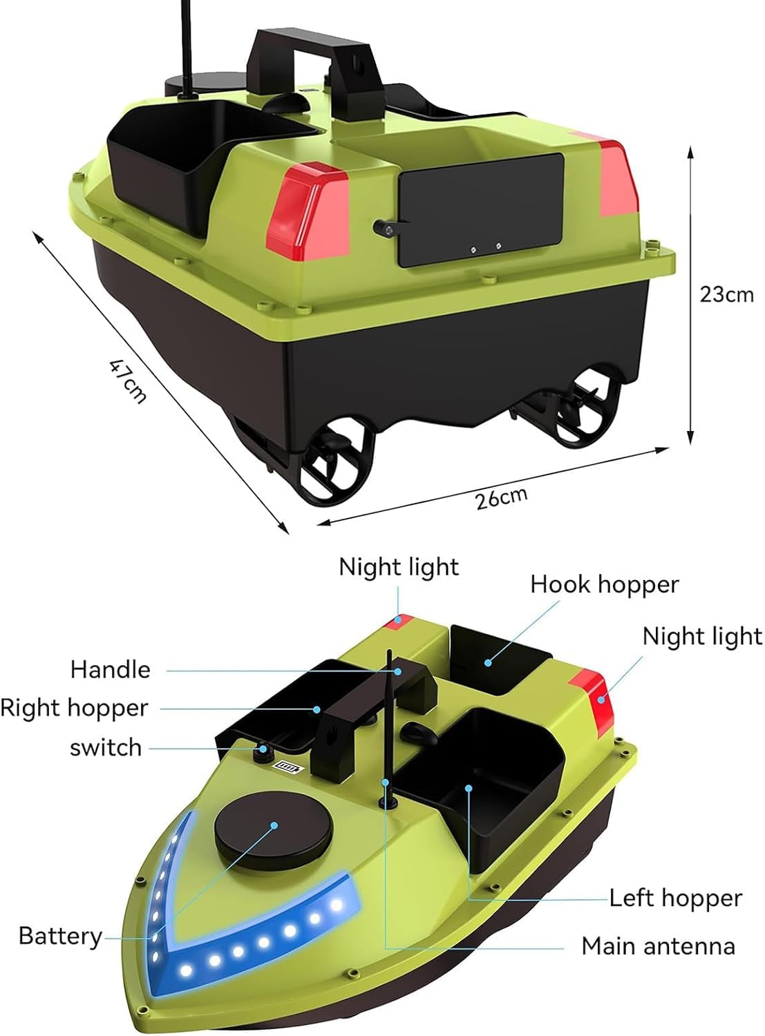 Barco de Cebo RC con GPS y Mando a Distancia de 500m, Doble Motor, Capacidad de Carga 2kg, Control de Crucero, Luces LED, 3 Tolvas, Pantalla LCD, Bolsa de Transporte, Casco ABS, 99 Puntos de Ruta