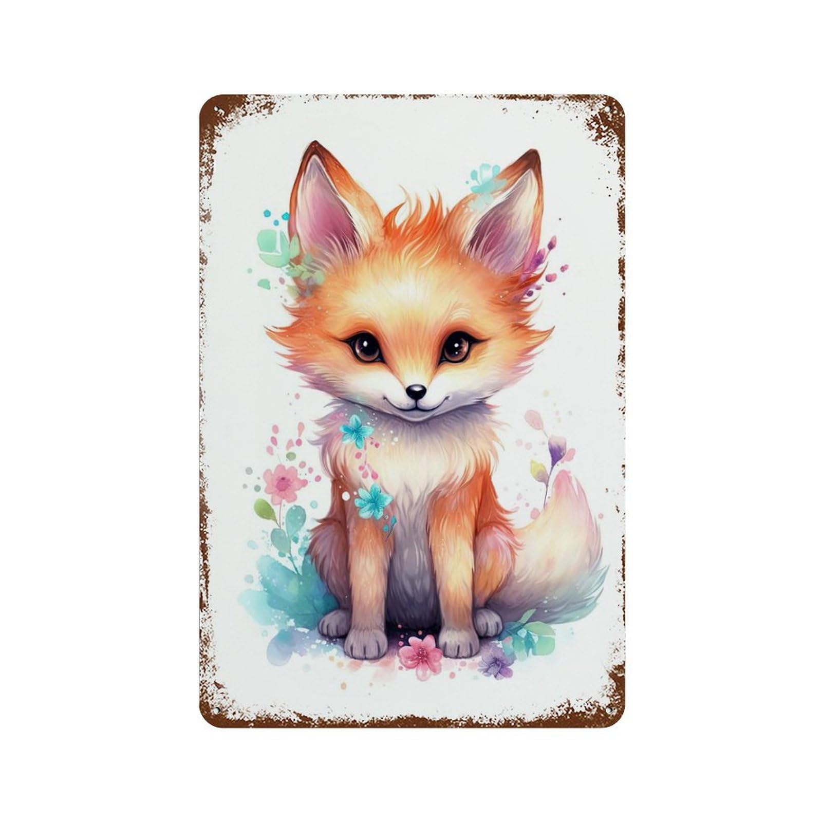 Cute Baby Fox Watercolor Rust Effect Tin Sign 11.8"x7.9", Industrial Home Decor for Bistro, Counter And Cafe Decor
