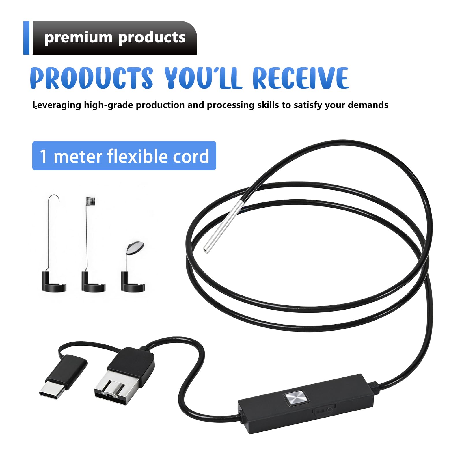 Telecamera endoscopio da 3,9 mm, telecamera di ispezione con telefono cellulare, endoscopio per Android/Type-C/USB, IP67, impermeabile, fotocamera HD da 2 MP con 6 LED, cavo flessibile da 1 m