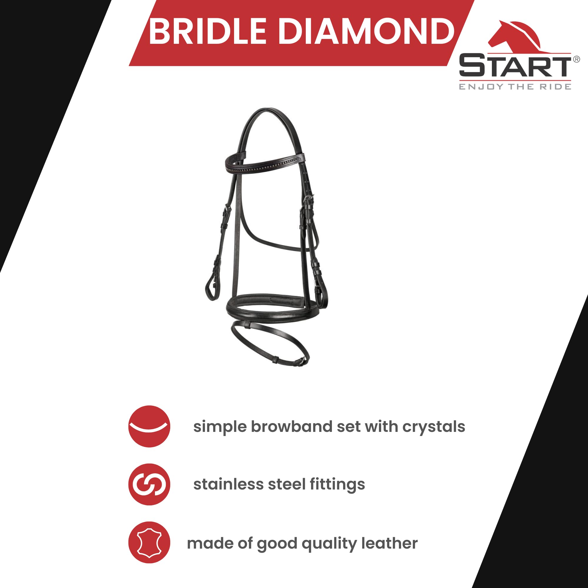 Start Diamond Trense Pferd Leder mit Zügel – Zaumzeug mit englisch kombiniertem Reithalfter – Trensenzaum für Pony, Vollblut & Warmblut (Schwarz, Cob (Vollblut))
