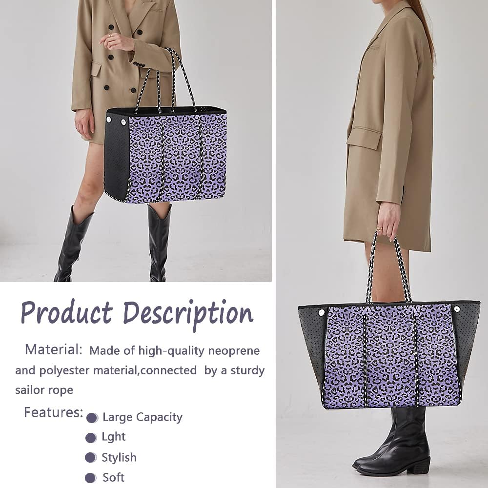 Beach Bag, Multipurpose Neoprene Tote Bag, Waterproof Shoulder Beach Tote, Large Tote Bag with Portable Wallet for Travel, Beach, Gym and Swimming（Purple Leopard）
