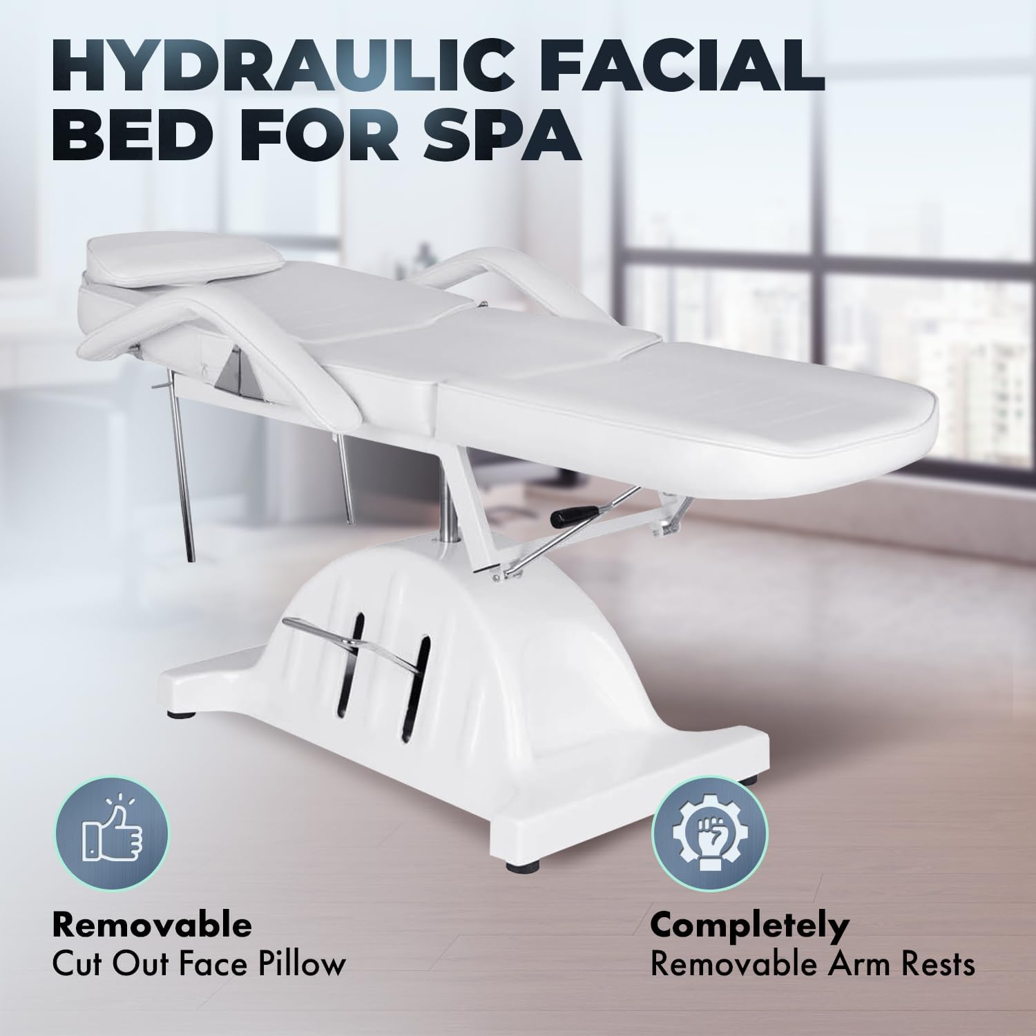 Buy-Rite Sheila Hydraulic Facial Bed for Spa & Salon Use - 360° Swivel, Adjustable Backrest & Leg Rest, Hydraulic Pump, Removable Armrests & Face Pillow, White, SY-8003A