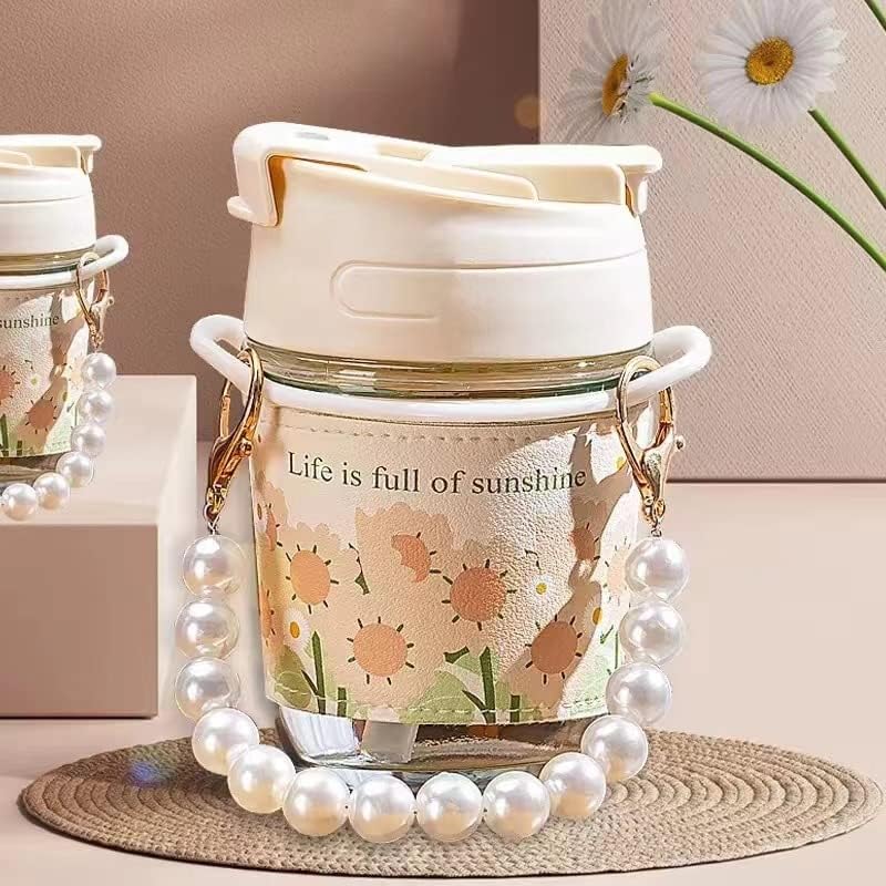 Image of Glass Coffee Sipper with Pearl Chain & Sleeve | Reusable Travel Tumbler with Dual Straw Lid | Aesthetic Juice, Smoothie & Milk Glass Tumbler (White Pearl, 350ml)