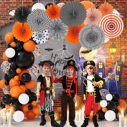 Image of Rozi Decoration Halloween Theme Balloons Garland Decorations Items with Black & Orange Hanging Paper Fan Decorations for Halloween Theme Birthday Parties Decorations Pack of 90 Pcs