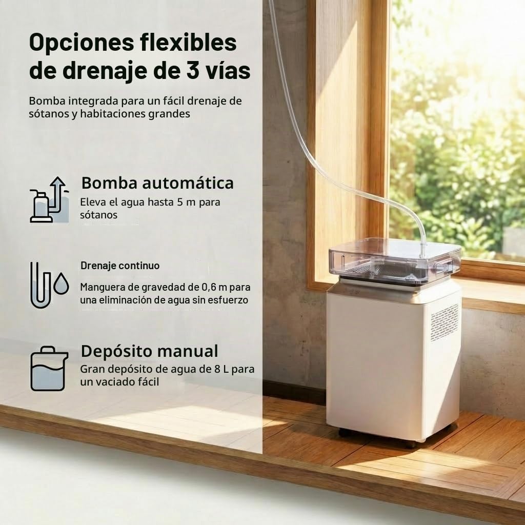 Deshumidificador Eléctrico Comerciale con Bomba: 80L/Día Alta Capacidad Tanque 8L y Drenaje Continuo Portátil con Ruedas para Casa Oficina Trastero Almacén Espacios Grandes