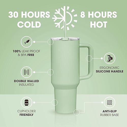 Miniatura 2 de Vaso de 40 onzas con asa y tapa con pajilla, botella de agua aislada al vacío de doble pared, reutilizable, de acero inoxidable, taza de viaje, vaso