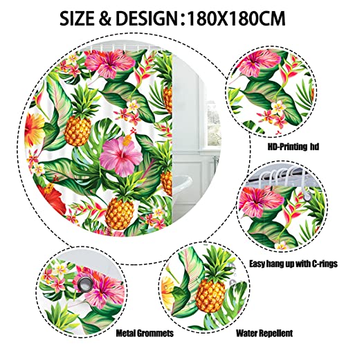 Summer Tropical Shower Curtain, Pineapple Palm Leaves Floral Shower Curtain, Green Botanical Shower Curtain For Bathroom, Waterproof Washable Shower Curtain Set 12 Hooks Included - 72 X 72 Inch #TOP3