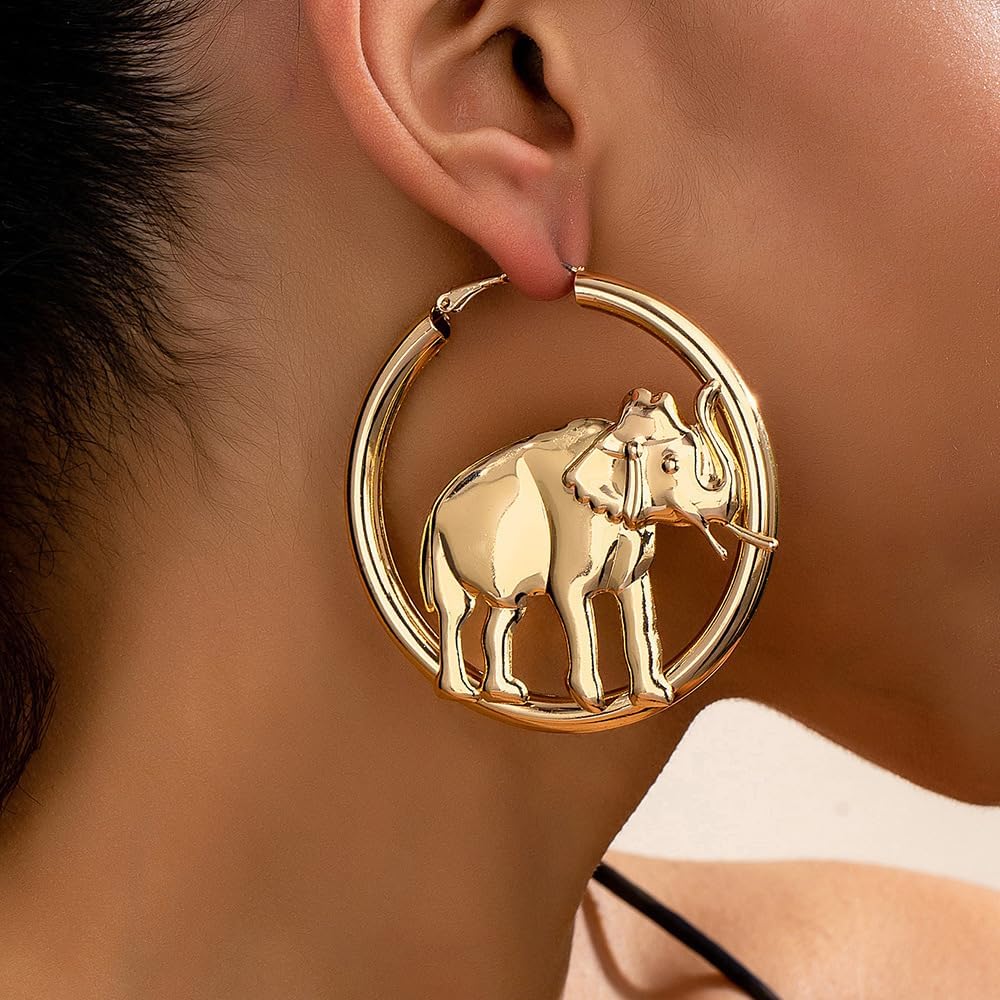 Elephant Hoop Earrings For Women Gold Tone Large Statement Animal Dangle Hoops Lightweight African Safari Inspired Fashion Jewelry Gift - Image 2