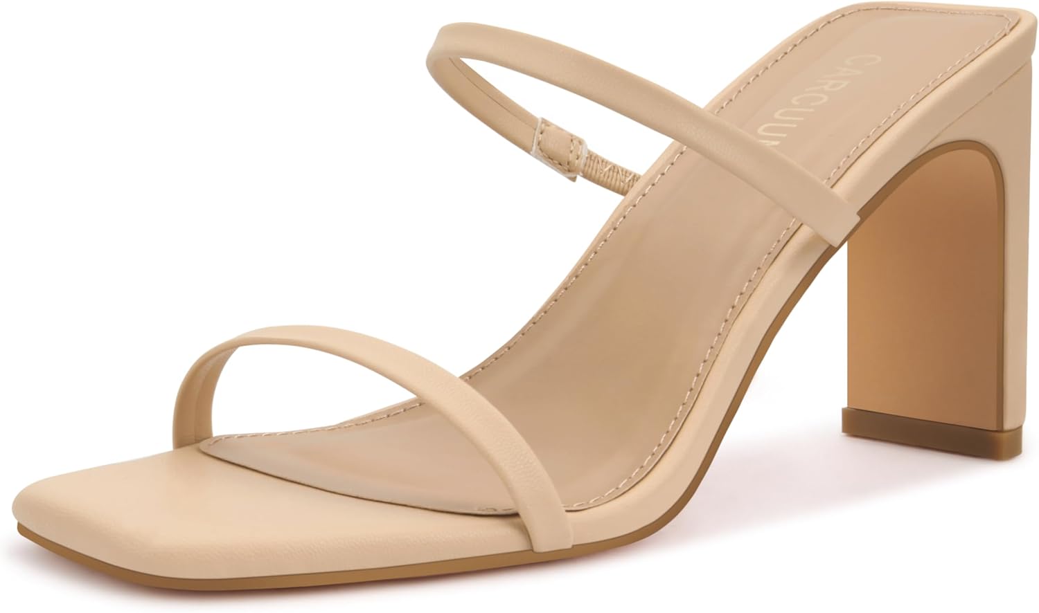 Carcuume Women's Square Toe Two Strap Open Toe Block Heels Sandals Slip On Shoes