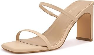Carcuume Women's Square Toe Two Strap Open Toe Block Heels Sandals Slip On Shoes, Nude Pu, 8 Price In India