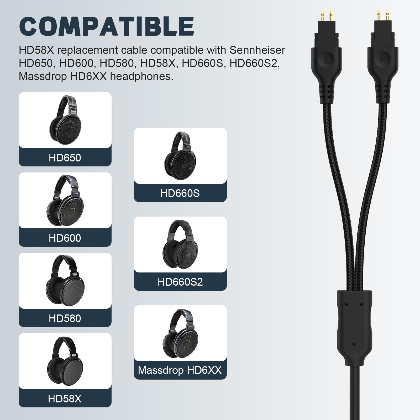 Zosvoses HD650 Ersatzkabel kompatibel mit Sennheiser HD650, HD600, HD580, HD58X, HD660S, HD660S2, Massdrop HD6XX Kopfhörer, 2-3 m