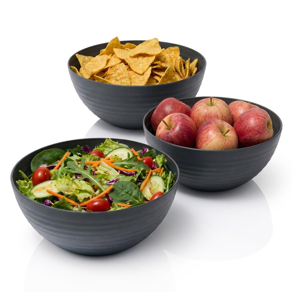 Hausfelder Salatschüssel Set 3, 3er Set, 3,3 l, Anthrazit | Kunststoff, 3er Set, 3,3 l, BPA-frei, Salatschüssel, Servierschüsseln, Matt, Schwarz, Schalen, Chipsschüsseln