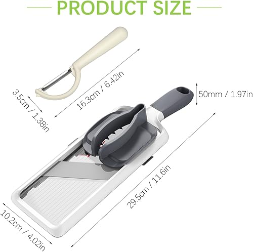 Miniatura 3 de YAMJUG Cortador de mandolina de mano múltiple, hoja de acero inoxidable ajustable, cortador de verduras con agarre cómodo, características de