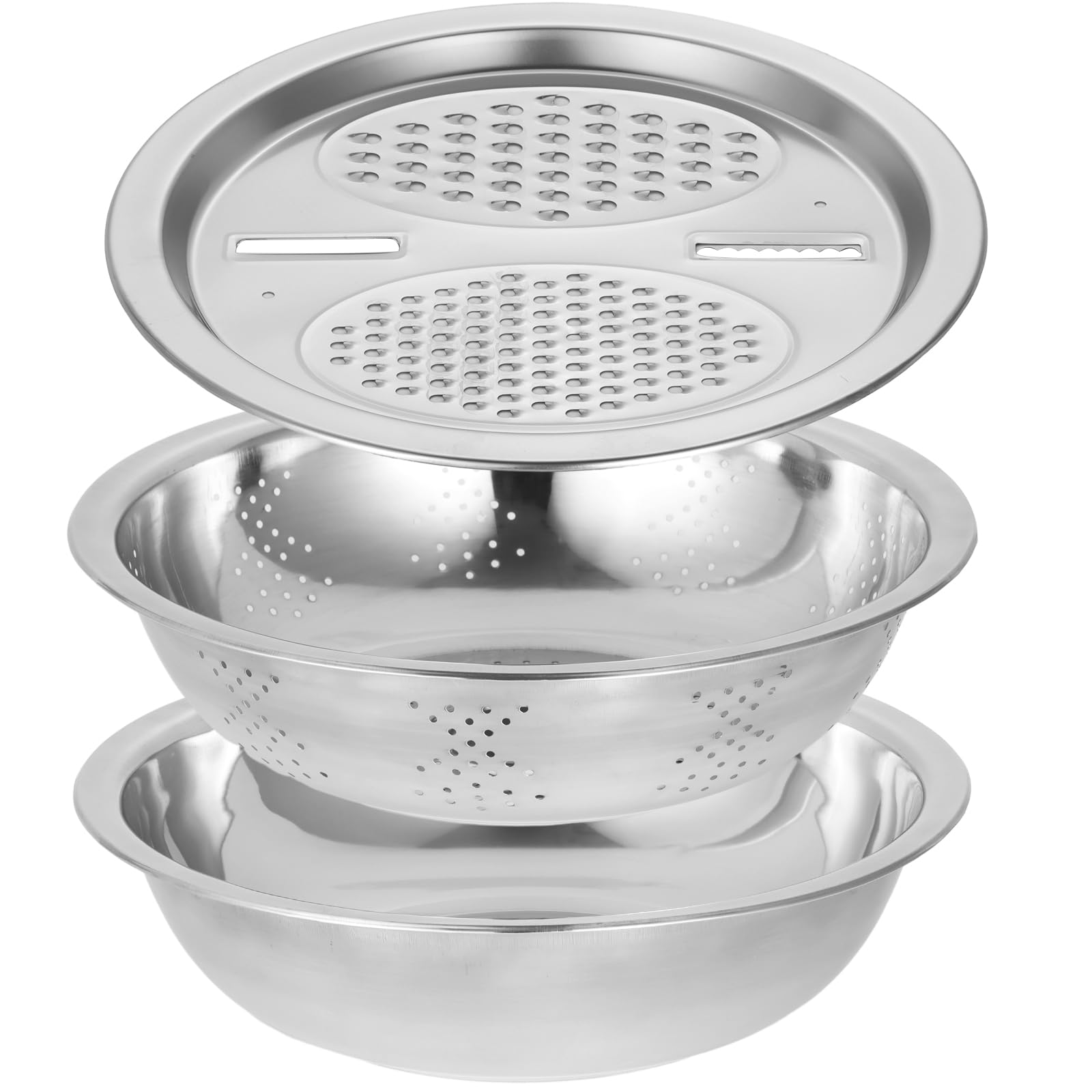 Generisch 3er Set Multifunktions Edelstahl Reibeschüssel, 30 cm 11,8 Zoll große Rührschüssel, Sieb für die Küchenzubereitung, vielseitiger Reibedeckel, kompatibel mit Induktionskochfeldern