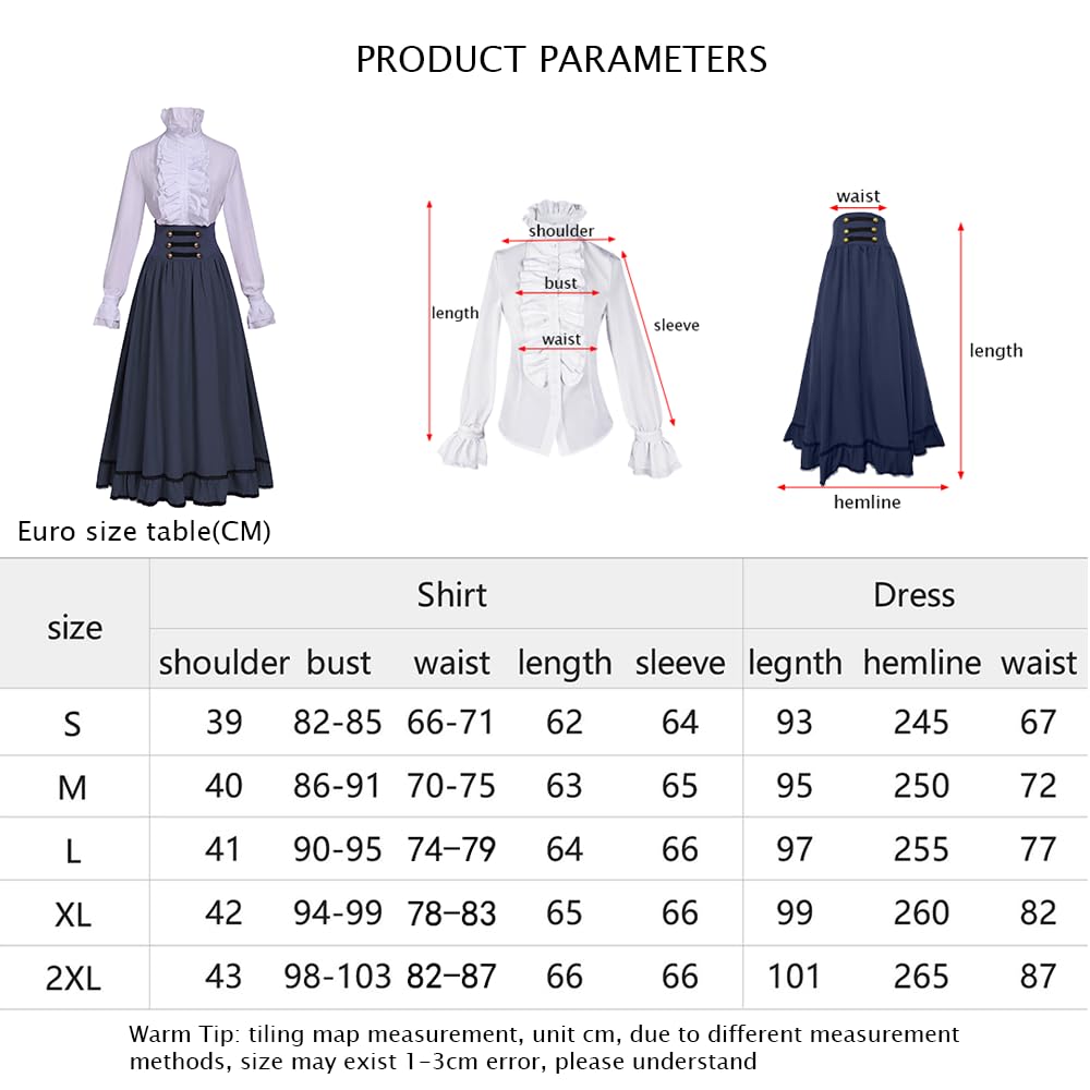 Robe française élégante à volants et manches ruchées – Costume médiéval féminin (Chemisier + Jupe vintage haute taille) – Ensemble Business Casual pour Femme – Jupe mi-longue de bureau et haut élégant