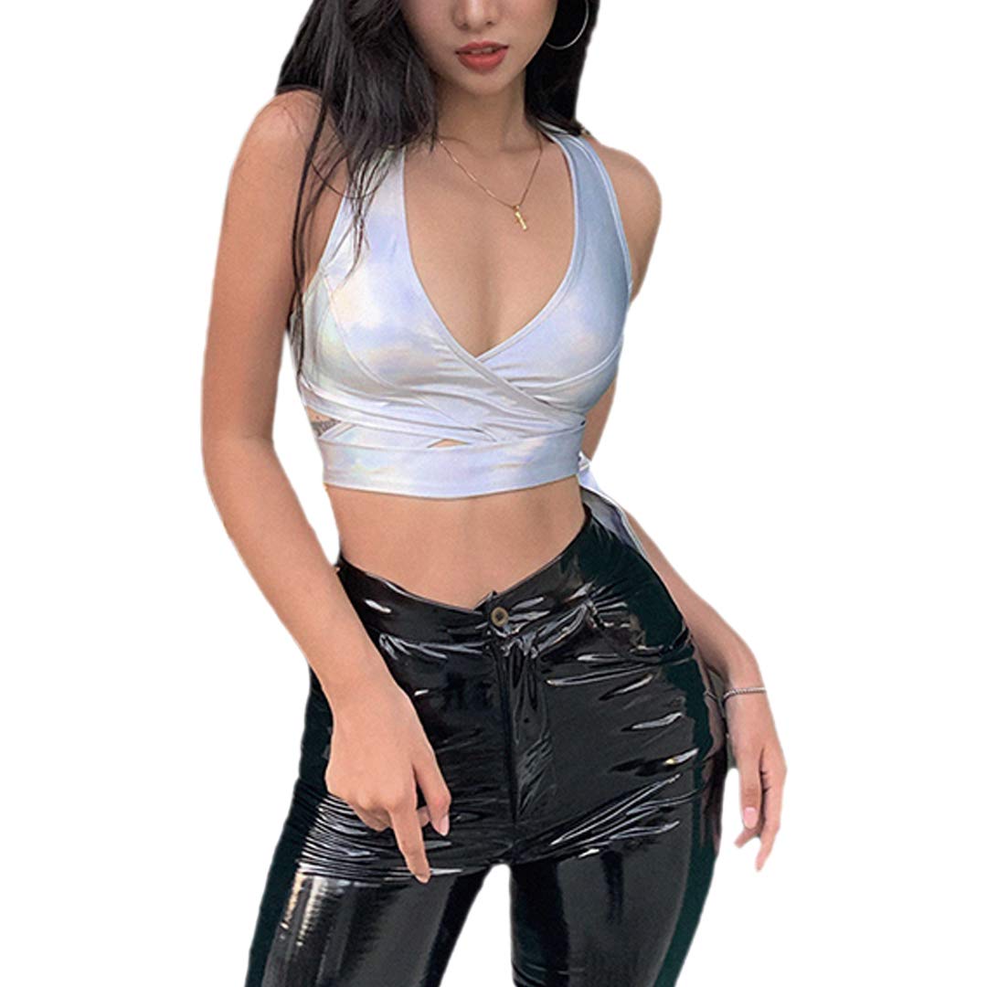 Mocure Women's Silver Halter Crop Top Tank Metallic Reflective Holographic Spaghetti Camisole, Small