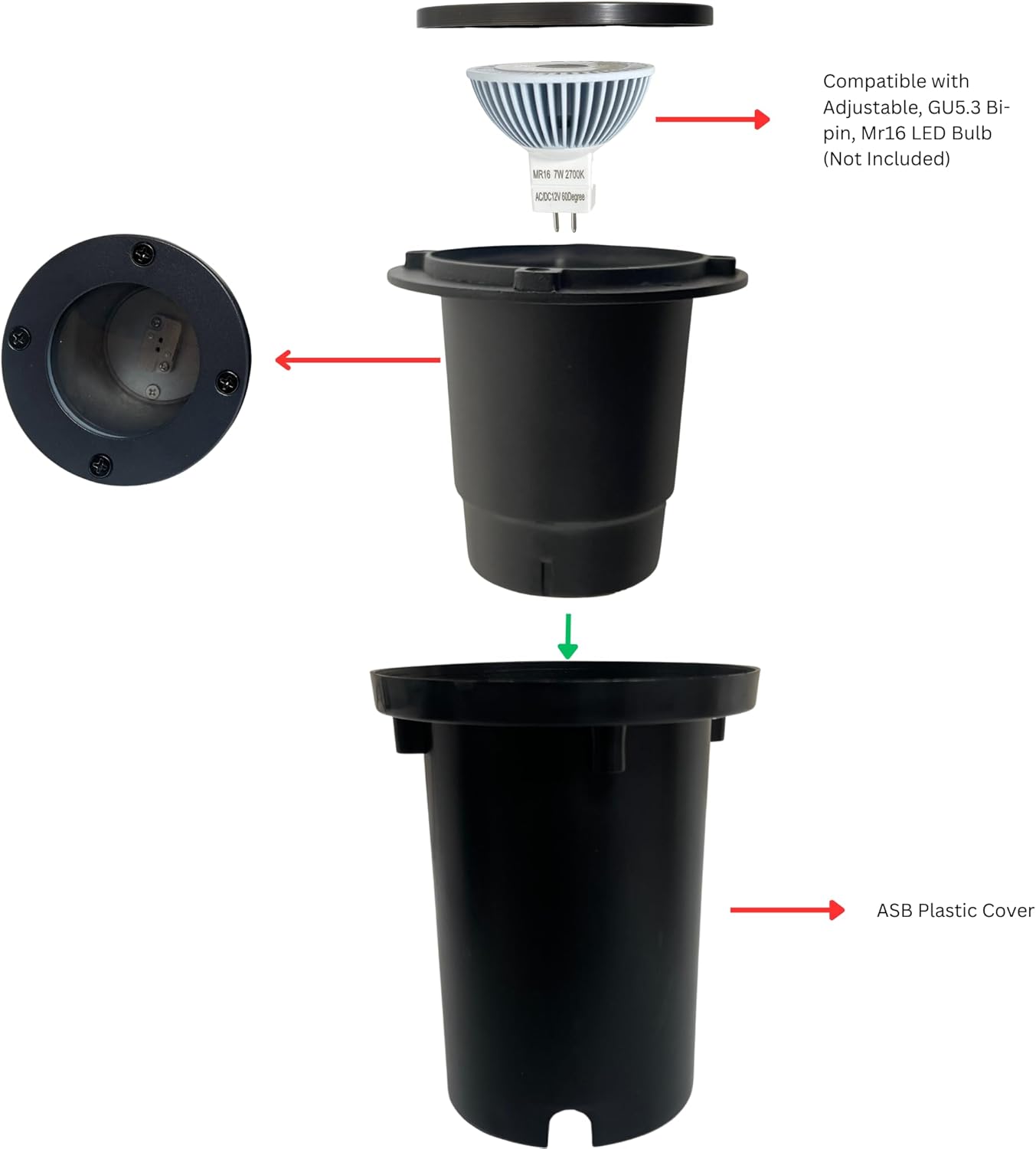 Top Notch In-Ground Well Light Fixture with Plastic Cover, Black Finish, Halogen and LED Bulb Compatible, Outdoor Landscape Lighting