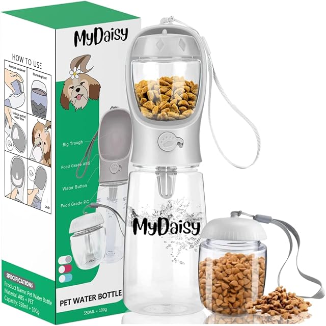 MYDAISY Butelka na napoje dla psów w podróży, 500 ml + 100 g, pojemnik na karmę, dla psa, w podróży, dla dużych psów lub małych psów, butelka na napoje, na podróż