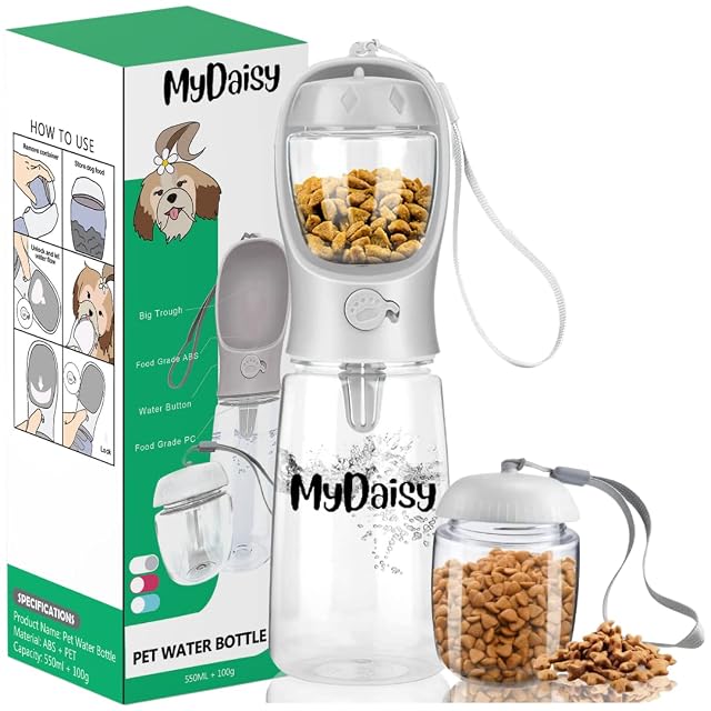 MYDAISY 550ml Bebedero Perro Portatil con Comedero Perro y envase de Comida de 100g Botella Agua Perro Apto…