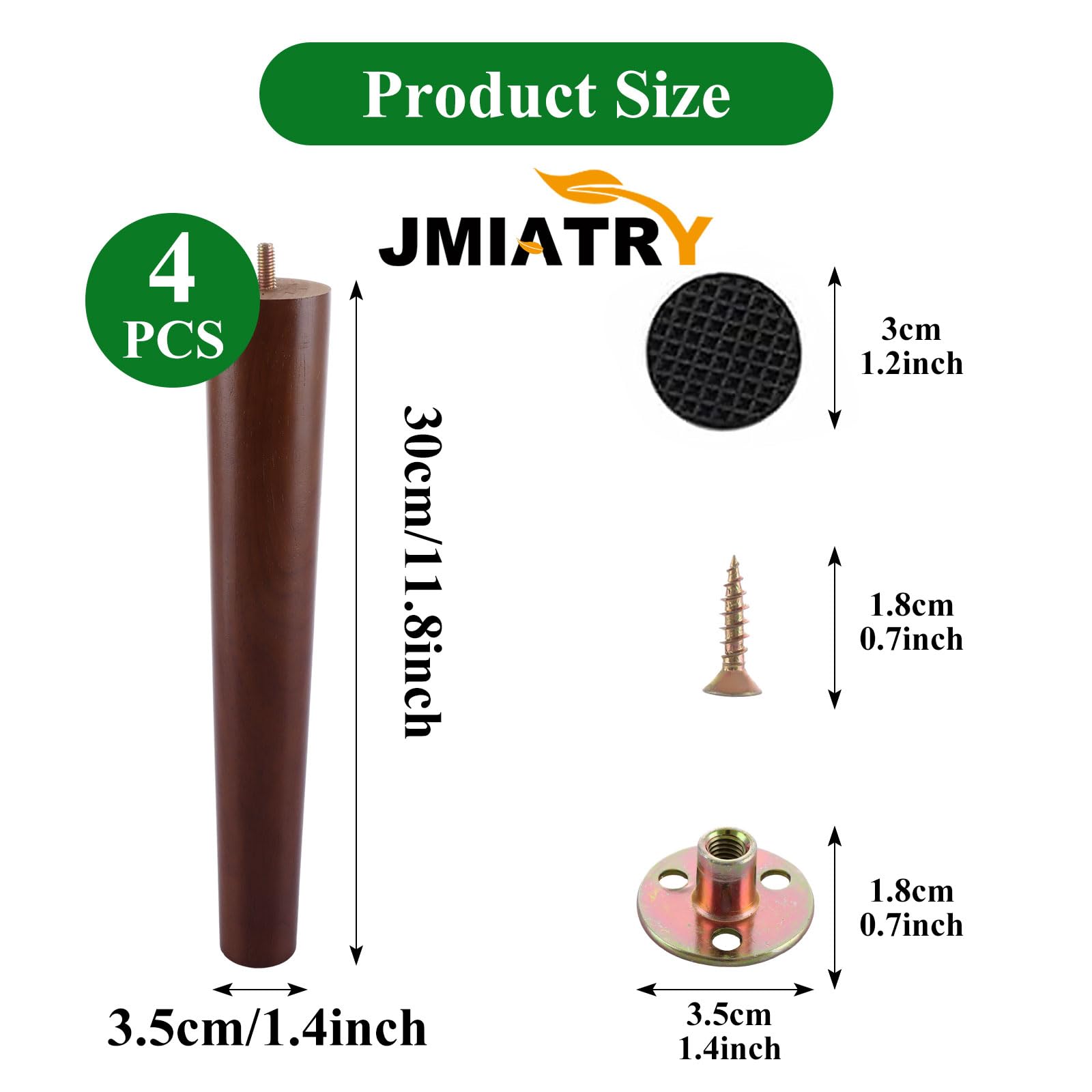 JMIATRY 30cm Wooden Furniture Legs Set of 4, Nature Solid Wooden Sofa Legs - Image 2