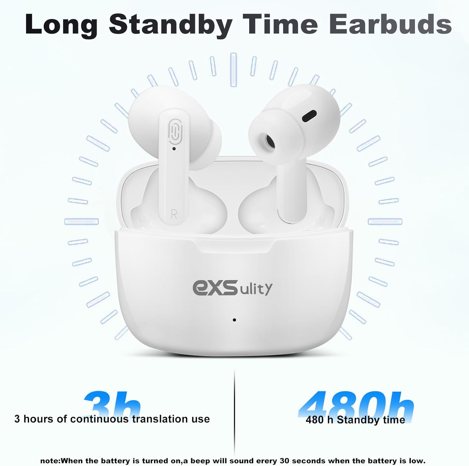 Diagram showing exsulity earbuds with 3 hours continuous translation use and 480 hours standby time.