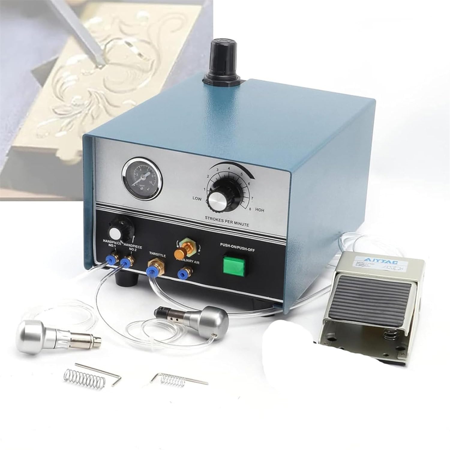 Machine de gravure pneumatique double face avec pédale, vitesse réglable de 60 W, 4000 tr/min, pour bijoux artisanaux et fer forgé